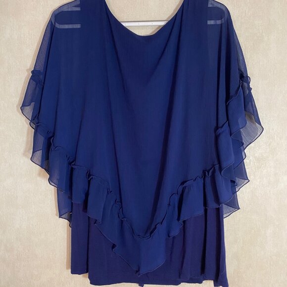 2- Womens 2X Navy Blue Layered Ruffle Chiffon Overlay Top & Lace Stripe Blouse - Picture 4 of 12